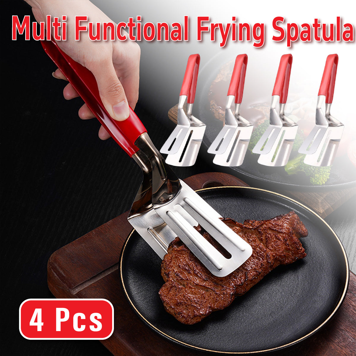 4pcs Stainless Steel Steak Tongs Frying Spatula Kitchen Tool Set