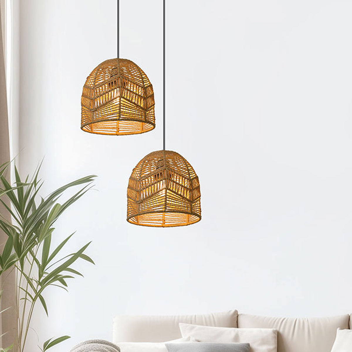 Paper Rope Pendant Light Chinese Style Rattan-Like Lampshade