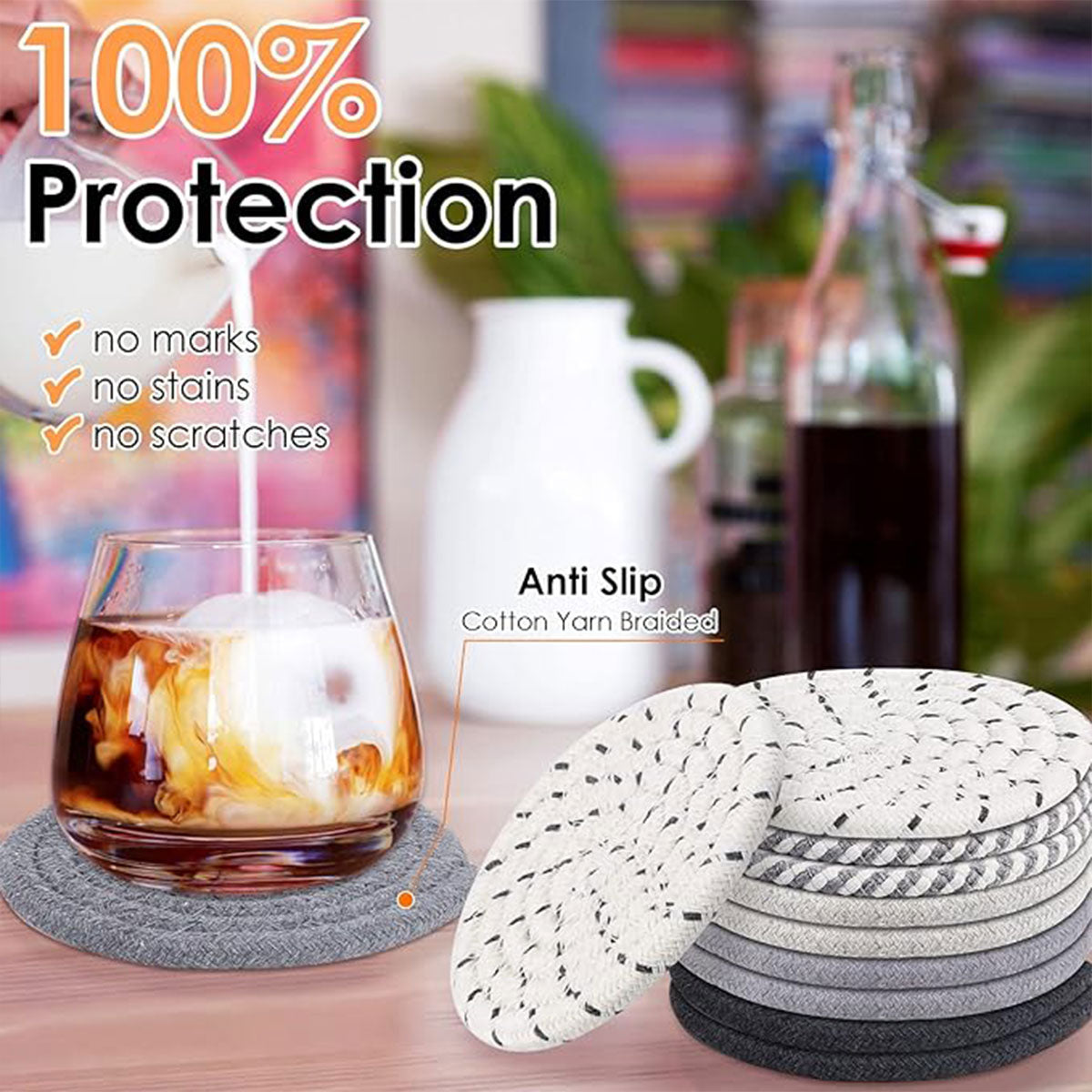 Round Cotton Woven Coaster Heat Resistant Dining Table Mat Set of 8