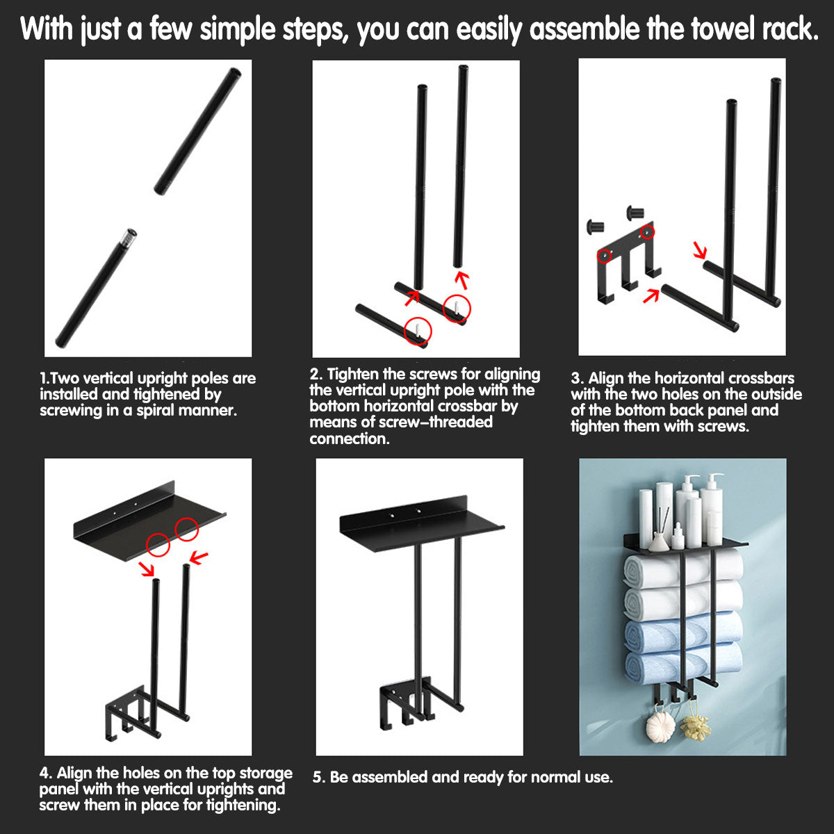 Wall Mounted Towel Rack with No Drill Fitting – Product View 6