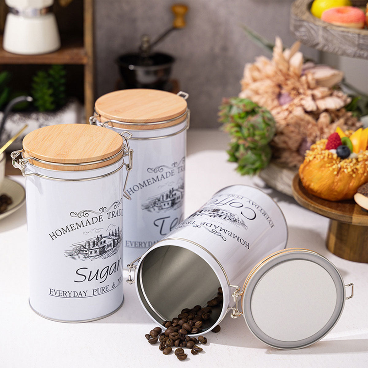 3PCS White Tinplate Coffee Tea Sugar Storage Jar Set Sealed Kitchen Counter AU