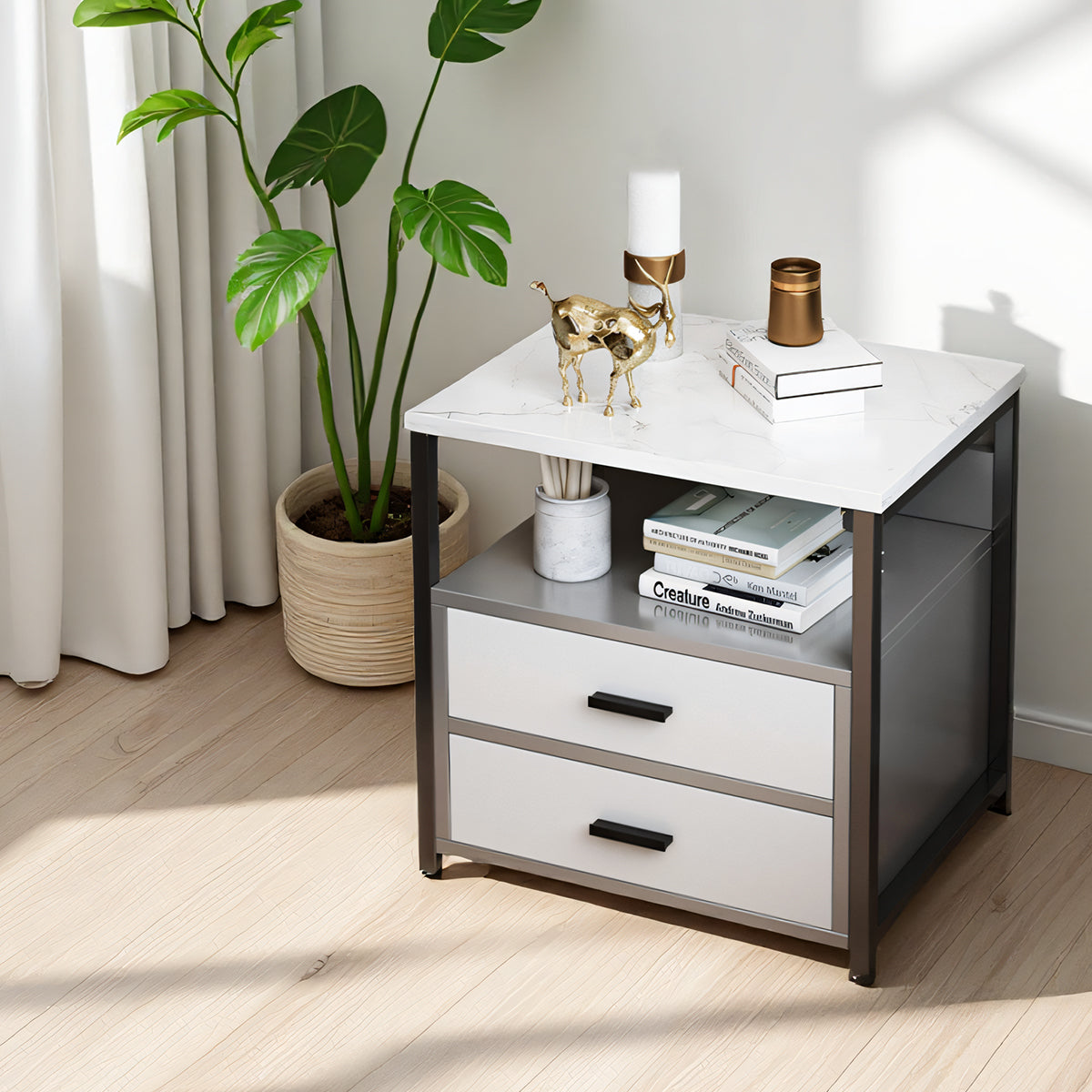 Marble-Look Bedside Table with Two Drawers Metal Frame