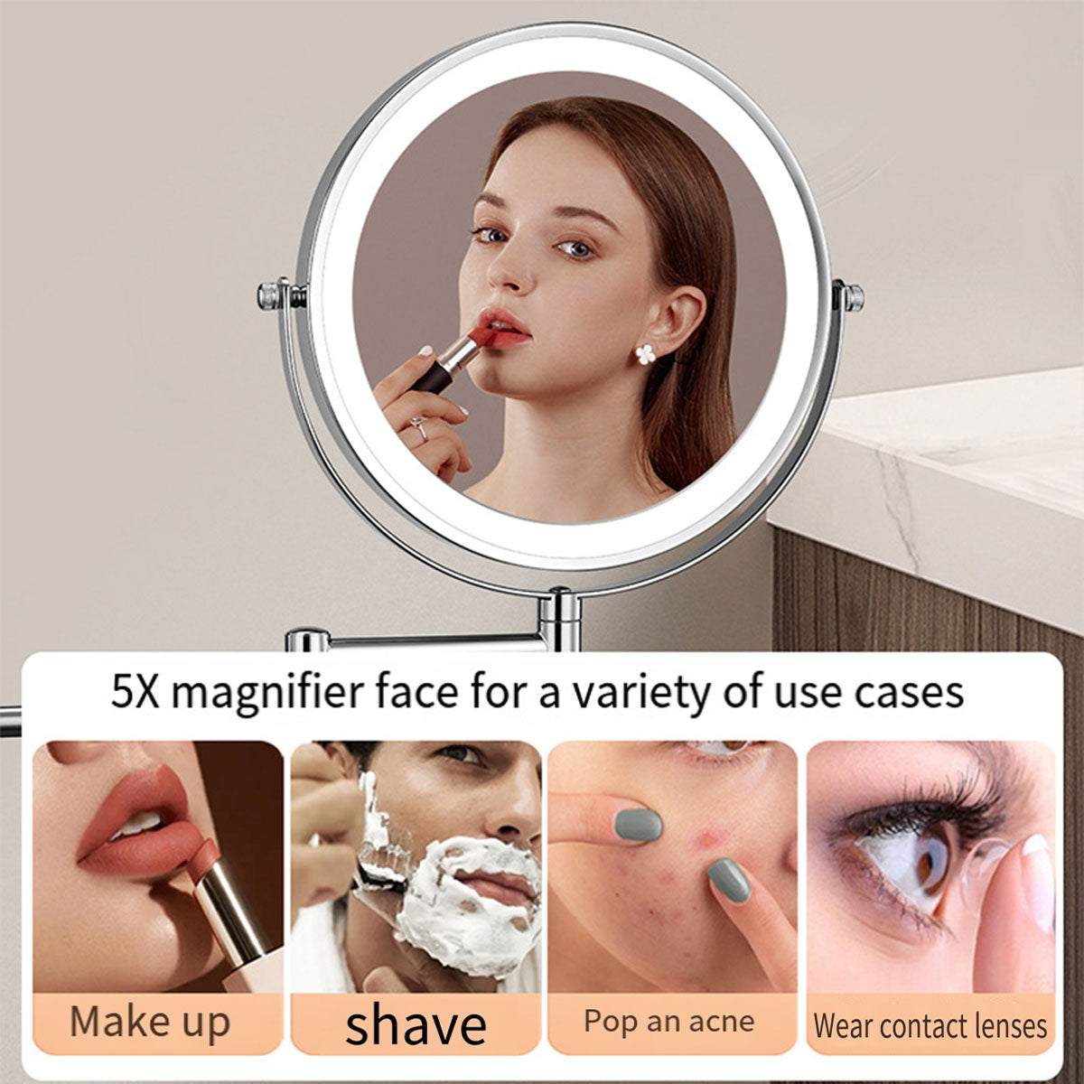 Wall Mounted Makeup Mirror 5x Magnification with LED Light