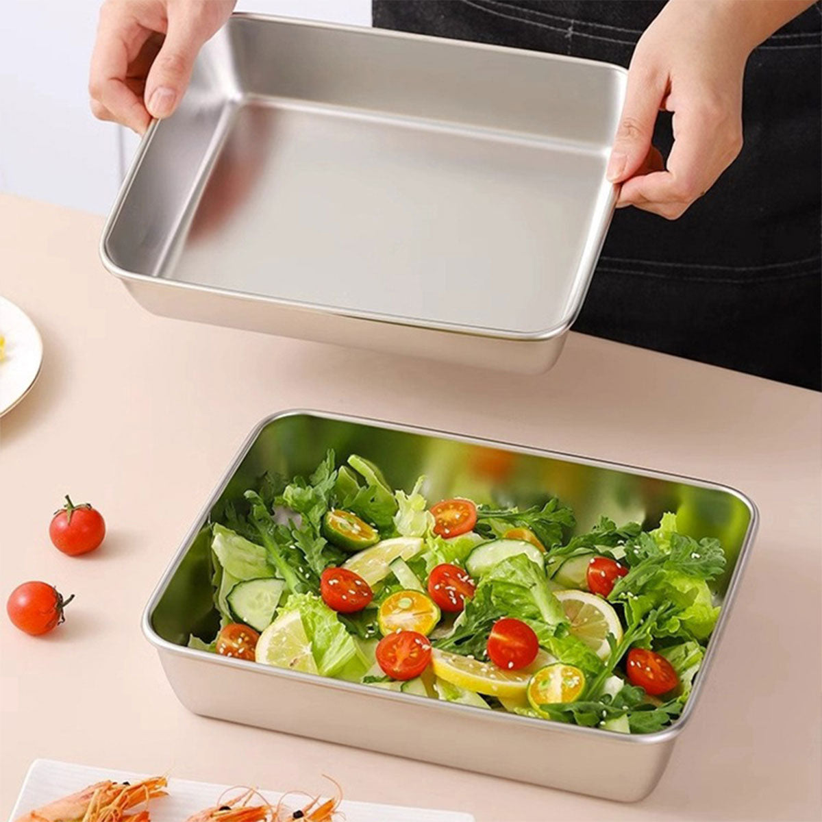 2PCS Stainless Steel Square Food Tray With Lid Rectangular Storage Box Plate AU