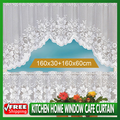 2PCS/Set White Lace Kitchen Home Window Cafe Curtain w Scallope Edge 160cm Wide
