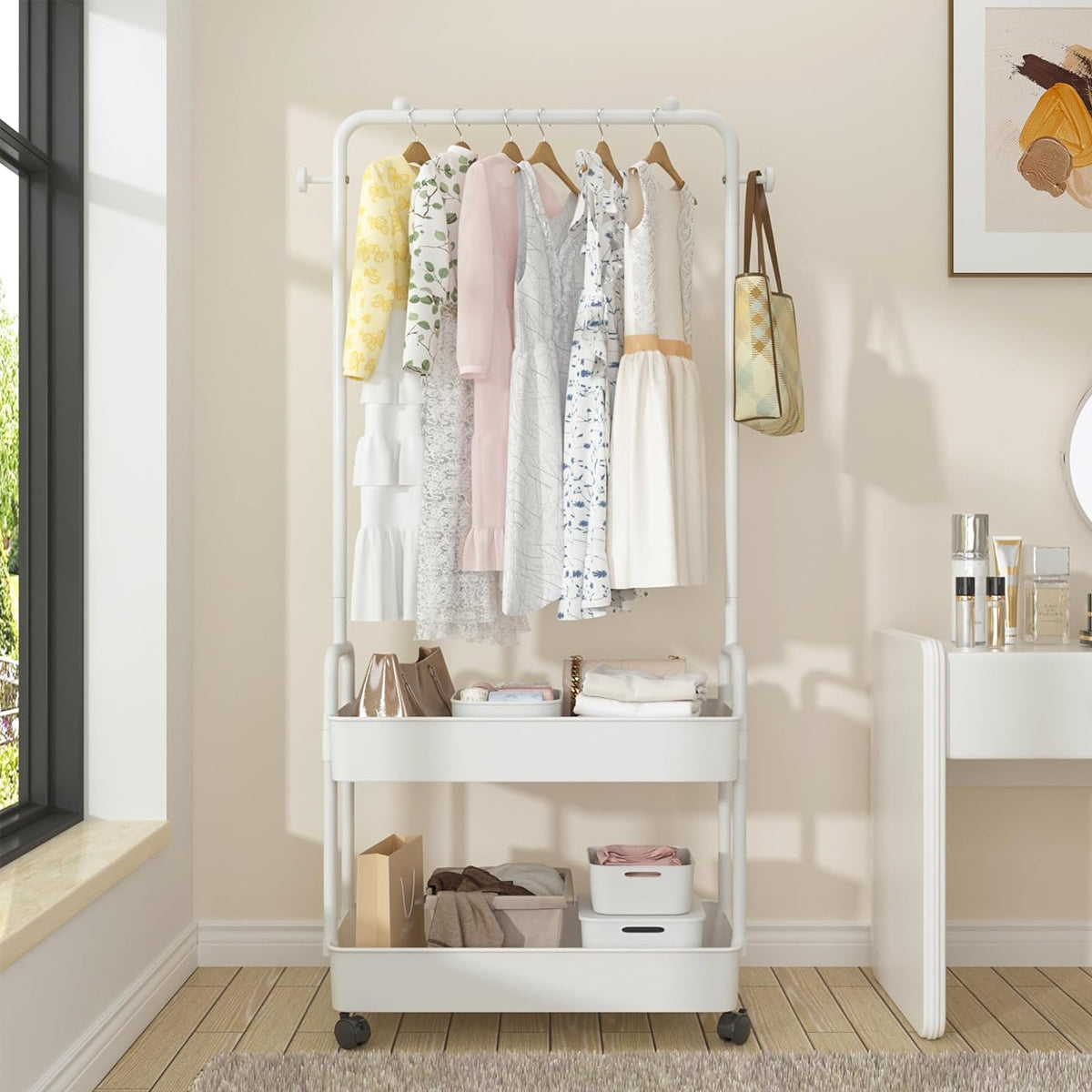 Multipurpose Clothing Rack with Wheels Rolling Wardrobe Organizer for Clothes
