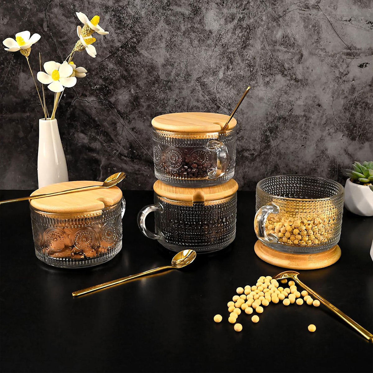 4PCS Vintage Embossed Glass Coffee Cups 14oz with Lid and Spoon for Tea Milk AU