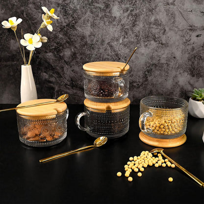 4PCS Vintage Embossed Glass Coffee Cups 14oz with Lid and Spoon for Tea Milk AU
