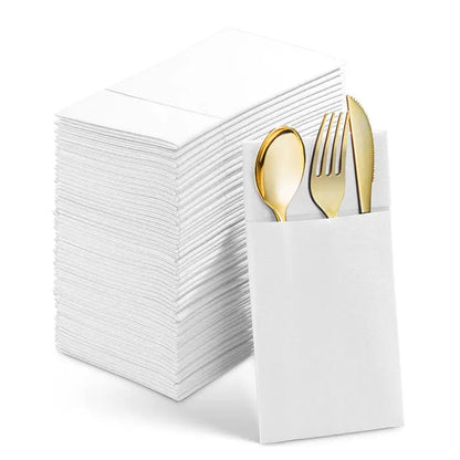 50/100PCS Disposable White Napkin Set Knife Fork Holder for Party Banquet Table