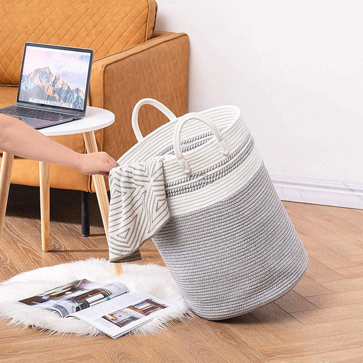 Woven Cotton Rope Storage Basket Foldable Laundry Bin Bamboo Clothes Organizer