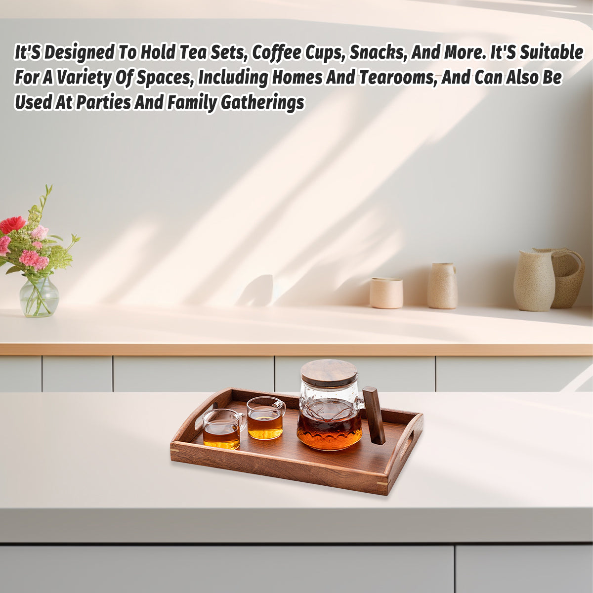 Chinese Style Wooden Rectangular Tea Tray with Handles