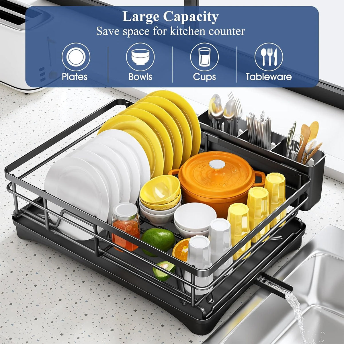 Large Capacity Kitchen Dish Drying Rack Sink Plate Bowl Storage Shelf
