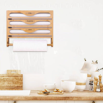 Bamboo Plastic Wrap Cutter Wall Mount Kitchen Storage Organizer