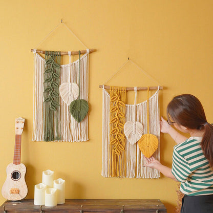 Handwoven Cotton Wall Hanging Tapestry with Leaf Motif