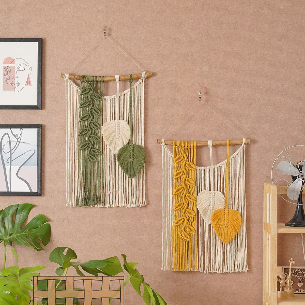 Handwoven Cotton Wall Hanging Tapestry with Leaf Motif
