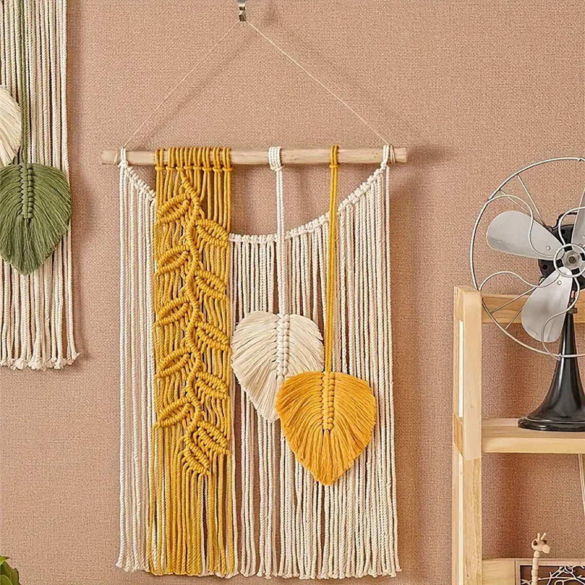Handwoven Cotton Wall Hanging Tapestry with Leaf Motif