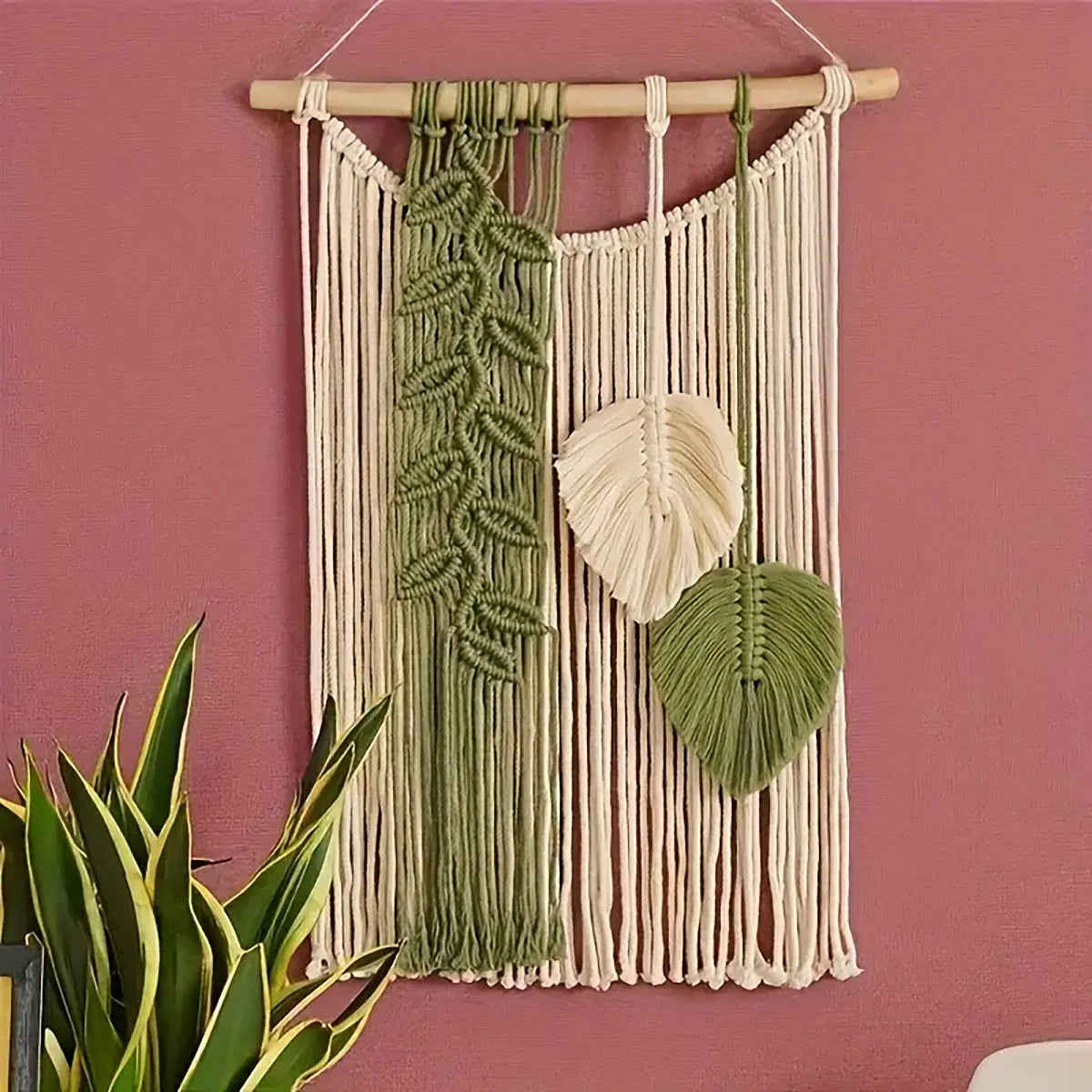 Handwoven Cotton Wall Hanging Tapestry with Leaf Motif