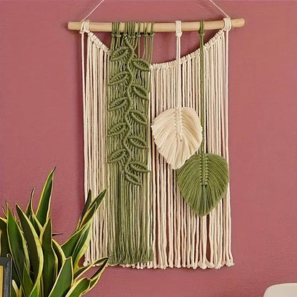 Handwoven Cotton Wall Hanging Tapestry with Leaf Motif