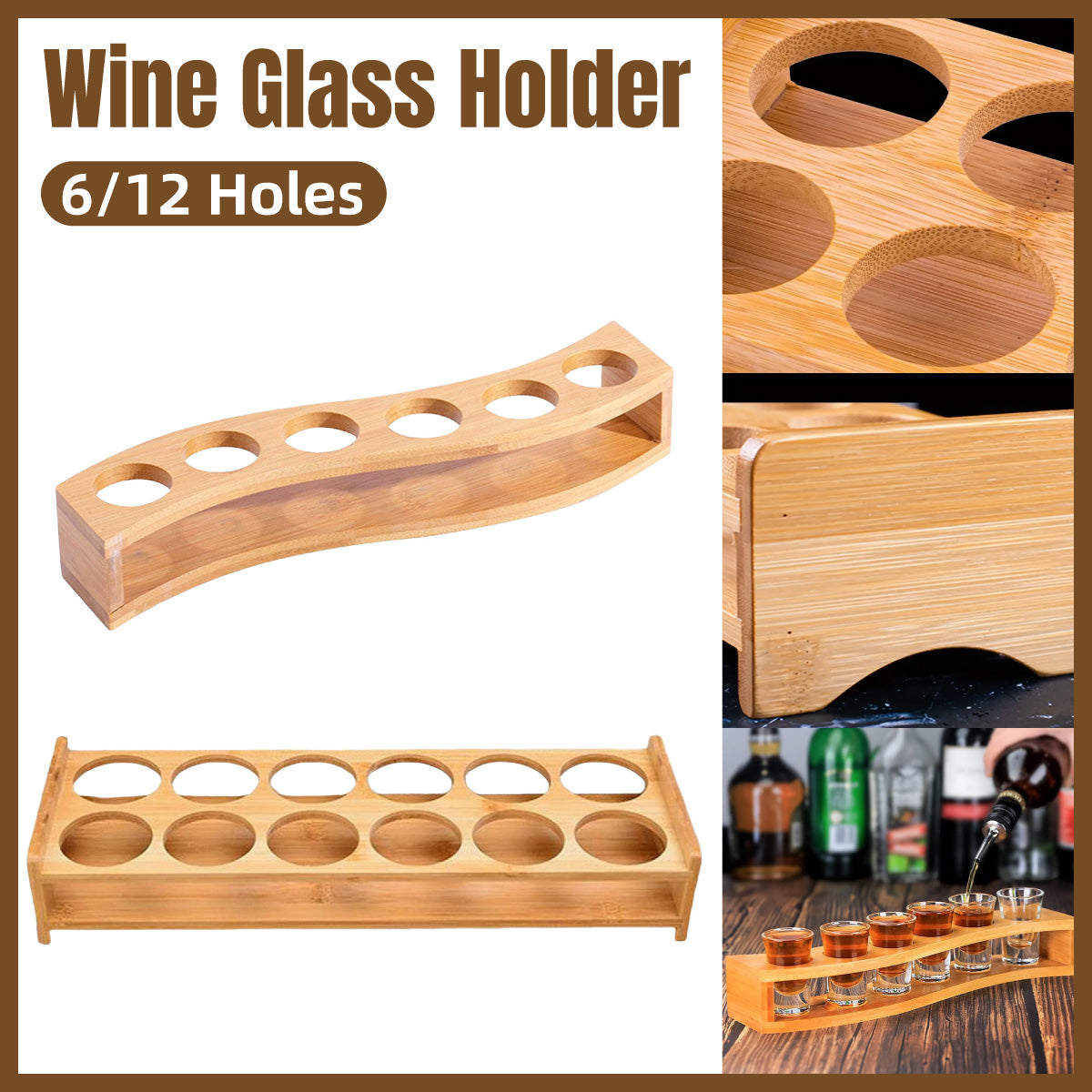 Bamboo Wine Glass Holder Splitter Cup Holder Organiser for Kitchen Bar Storage