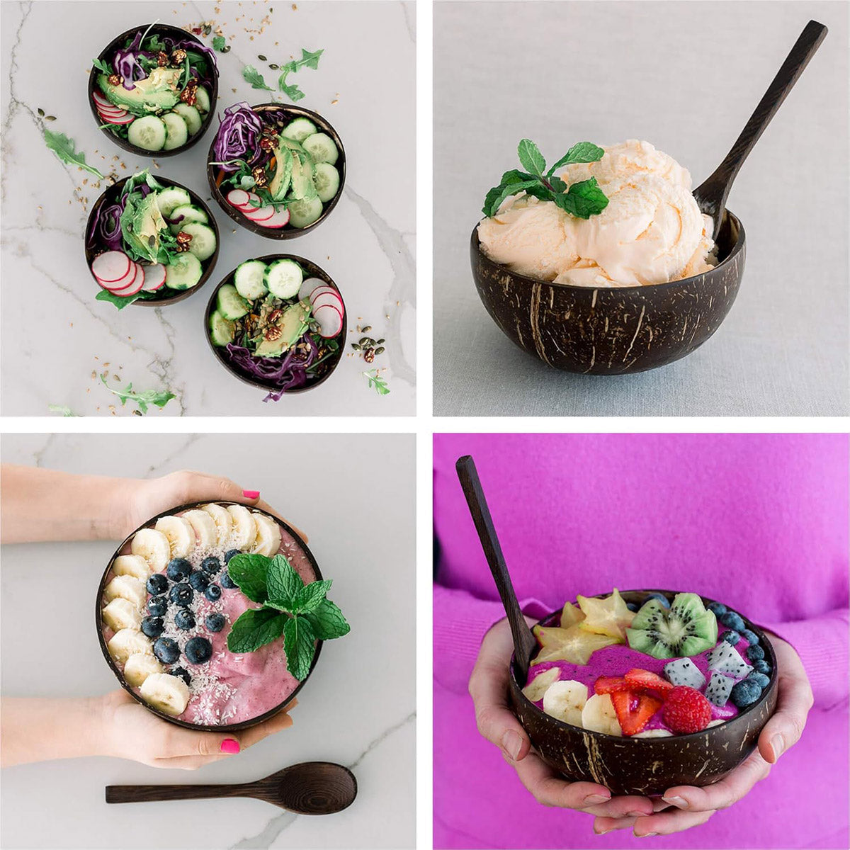 4Sets Natural Coconut Shell Bowls Eco-Friendly Tableware for Salad