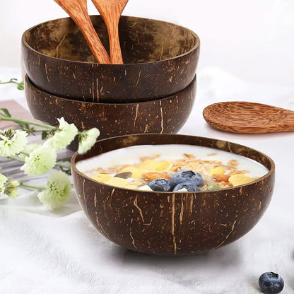 Natural Coconut Shell Bowl and Wooden Spoon Set, 2 Sets