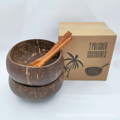 Natural Coconut Shell Bowl and Wooden Spoon Set, 2 Sets