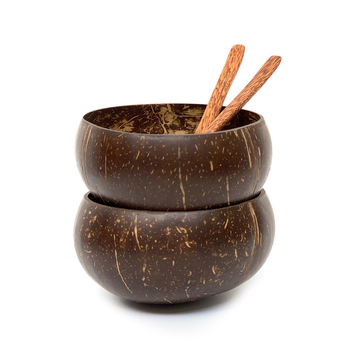 2 Pcs Coconut Shell Bowls with Wooden Spoons
