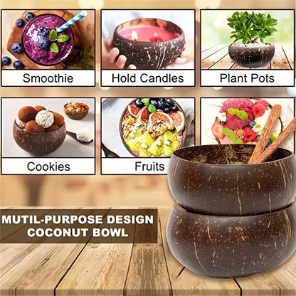 Natural Coconut Shell Bowl and Wooden Spoon Set, 2 Sets