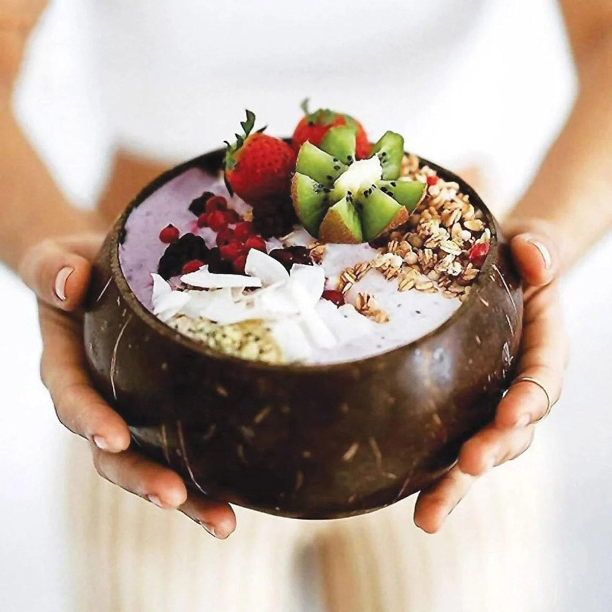 Natural Coconut Shell Bowl and Wooden Spoon Set, 2 Sets