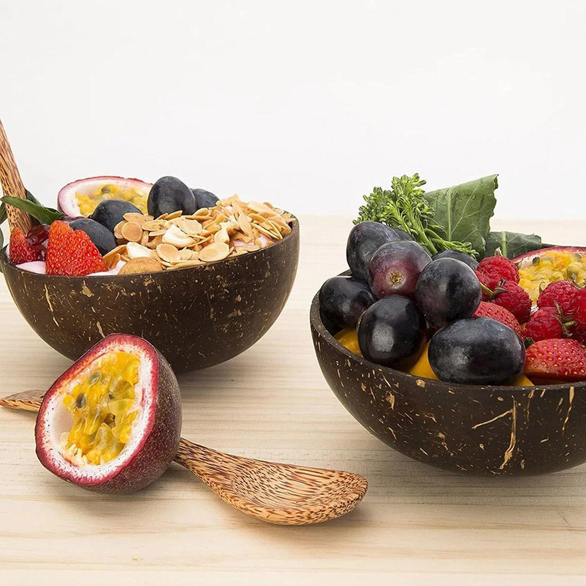 Natural Coconut Shell Bowl and Wooden Spoon Set, 2 Sets