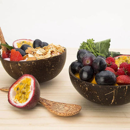 Natural Coconut Shell Bowl and Wooden Spoon Set, 2 Sets