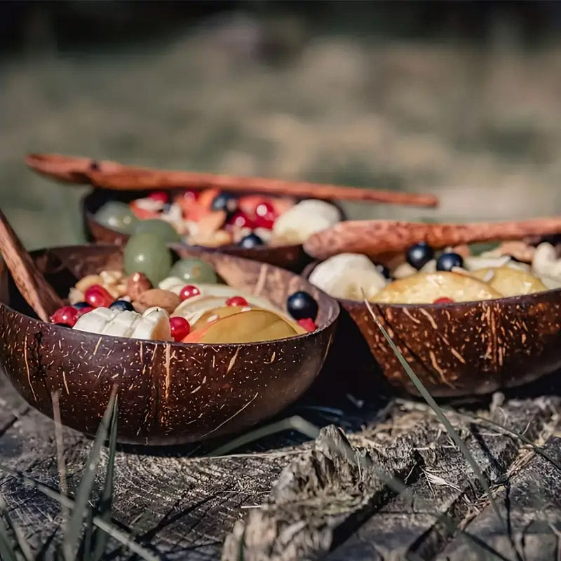 Natural Coconut Shell Bowl and Wooden Spoon Set, 2 Sets