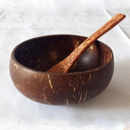 Natural Coconut Shell Bowl and Wooden Spoon Set, 2 Sets