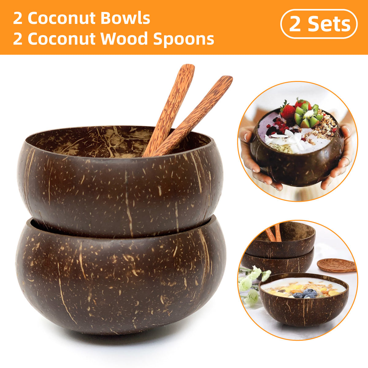 Natural Coconut Shell Bowl and Wooden Spoon Set, 2 Sets