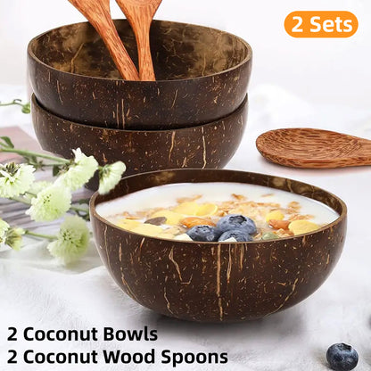 Natural Coconut Shell Bowl and Wooden Spoon Set, 2 Sets