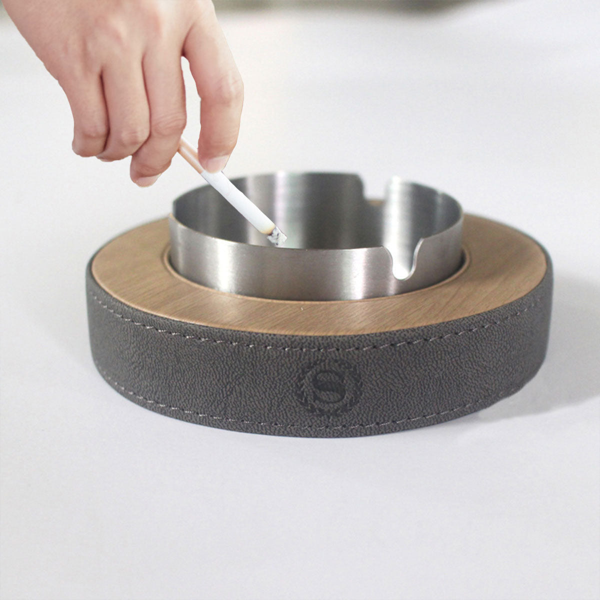 Leather Tissue Box Holder with Stainless Steel Ashtray