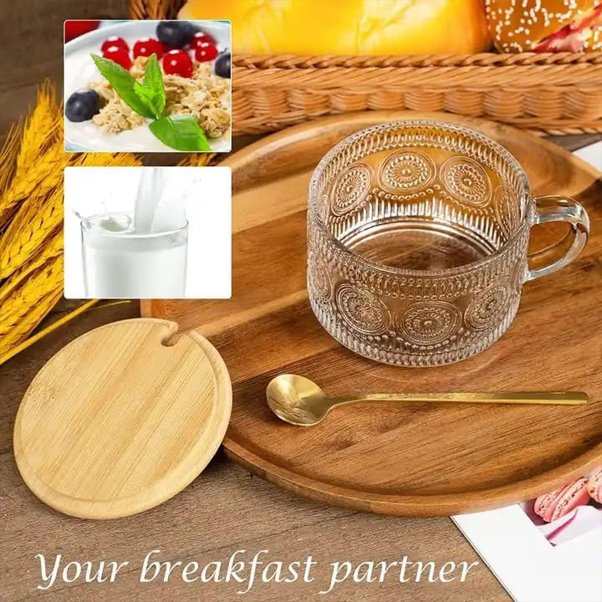4PCS Vintage Embossed Glass Coffee Cups 14oz with Lid and Spoon for Tea Milk AU