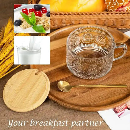4PCS Vintage Embossed Glass Coffee Cups 14oz with Lid and Spoon for Tea Milk AU