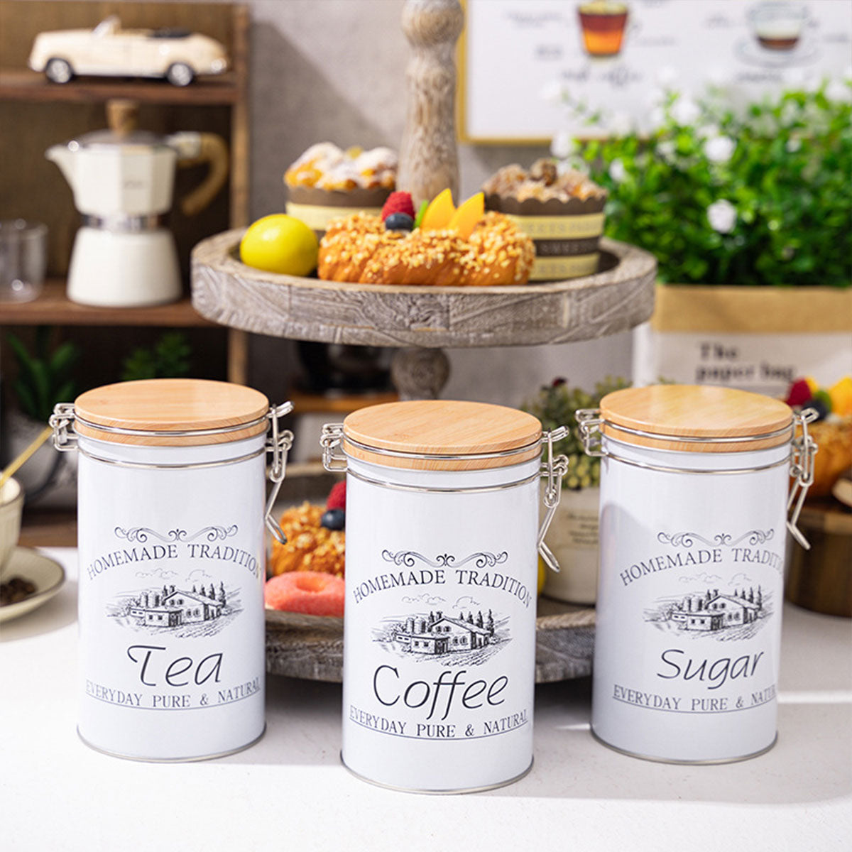 3PCS White Tinplate Coffee Tea Sugar Storage Jar Set Sealed Kitchen Counter AU