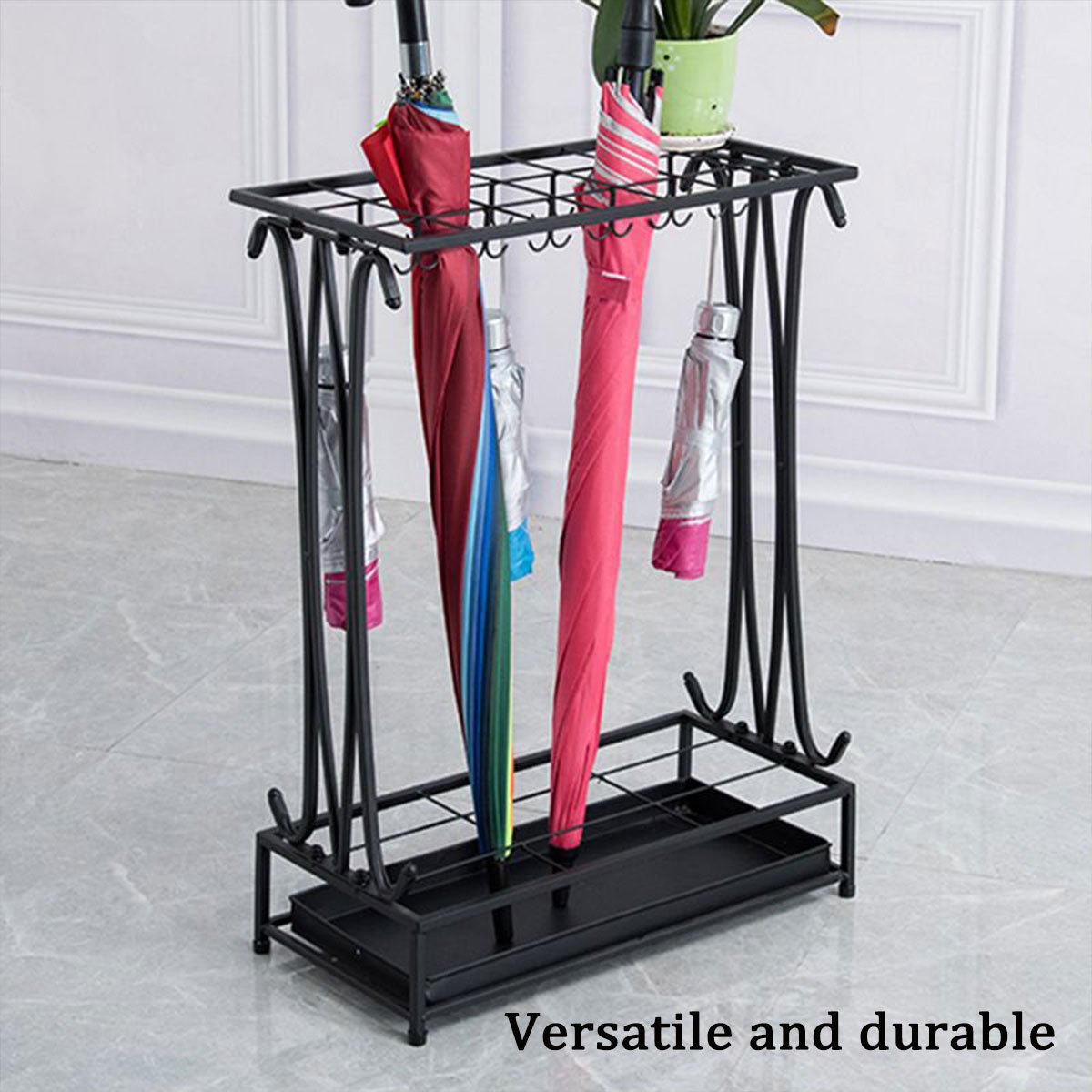 Wrought Iron Umbrella Storage Rack with Water Tray 50x24x70cm
