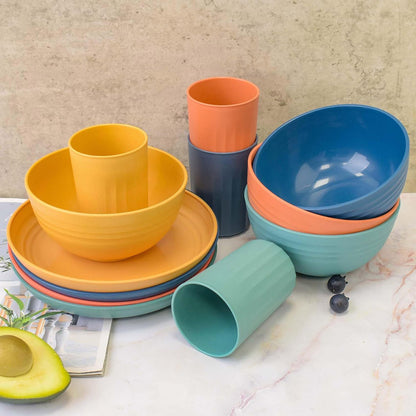 16pcs Wheat Straw Dinnerware Set Microwave Safe Plates and Bowls