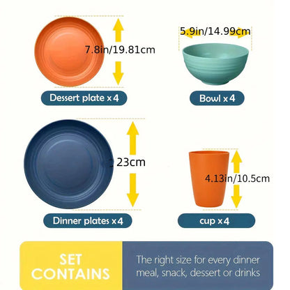16pcs Wheat Straw Dinnerware Set Microwave Safe Plates and Bowls