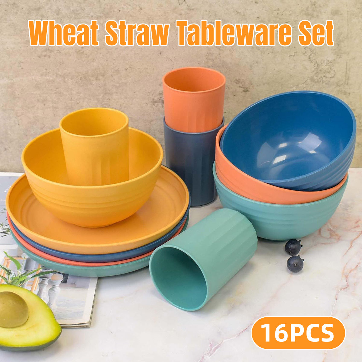 16pcs Wheat Straw Dinnerware Set Microwave Safe Plates and Bowls
