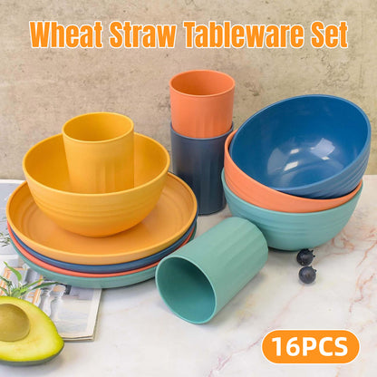 16pcs Wheat Straw Dinnerware Set Microwave Safe Plates and Bowls