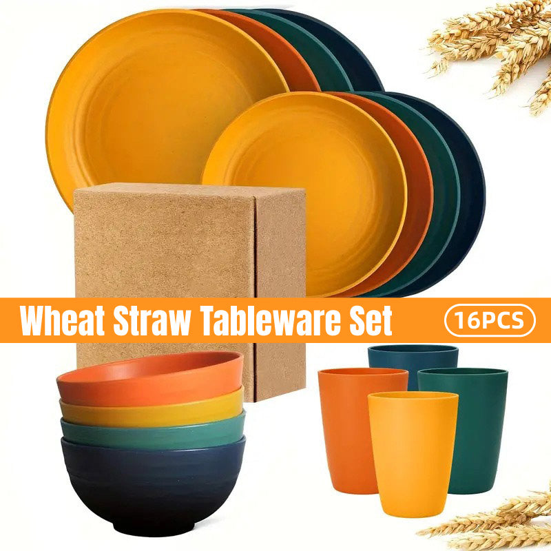 16pcs Wheat Straw Dinnerware Set Microwave Safe Plates and Bowls