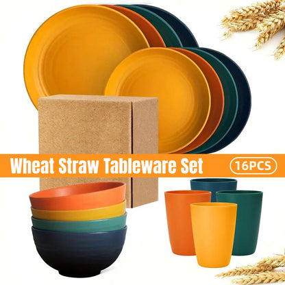 16pcs Wheat Straw Dinnerware Set Microwave Safe Plates and Bowls