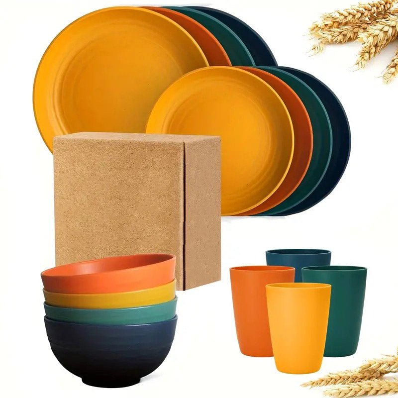 16pcs Wheat Straw Dinnerware Set Microwave Safe Plates and Bowls