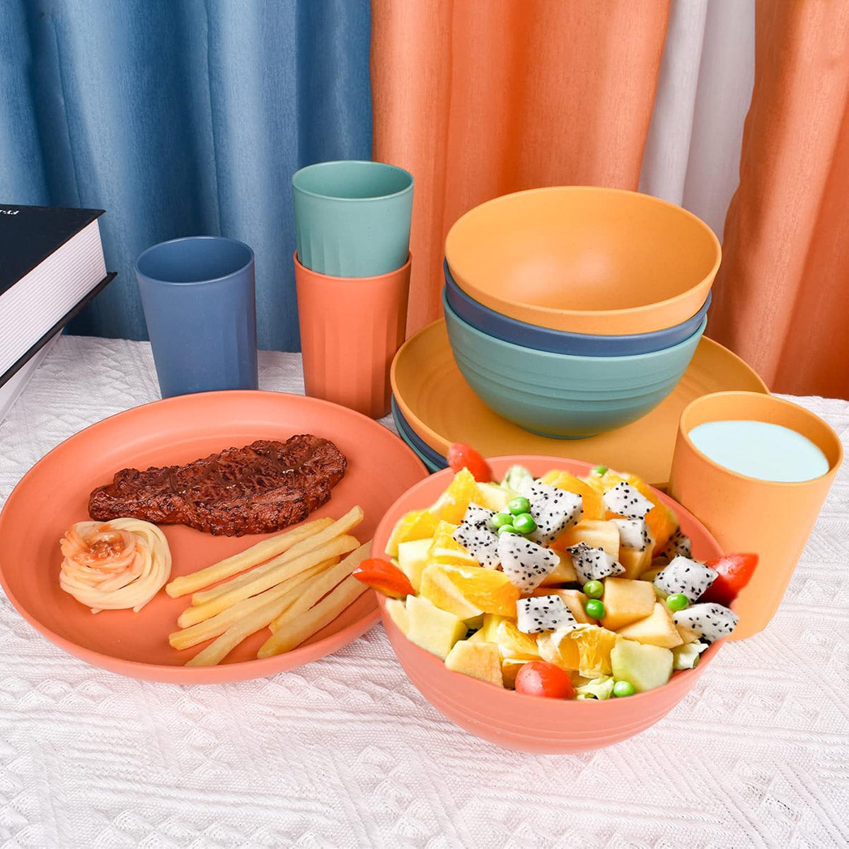 16pcs Wheat Straw Dinnerware Set Microwave Safe Plates and Bowls