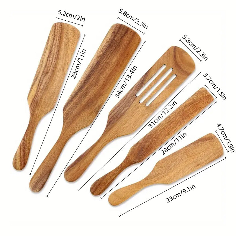 5 Pcs Teak Wooden Spatula Set Kitchen Cooking Utensils