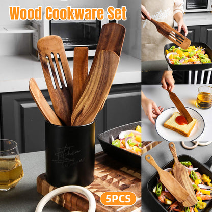 5 Pcs Teak Wooden Spatula Set Kitchen Cooking Utensils